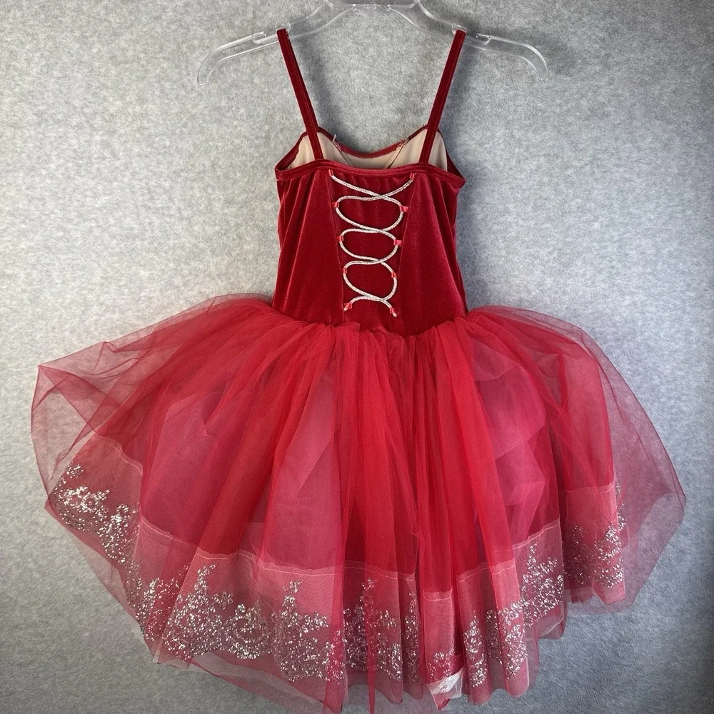 Weissman Ballet Dance Costume Red Tutu Medium Child Rhinestones Glitter Silver